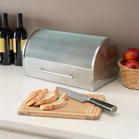 home basics bread box stainless steel and glass|Home Basics Stainless Steel Sliding Door Bread Box.